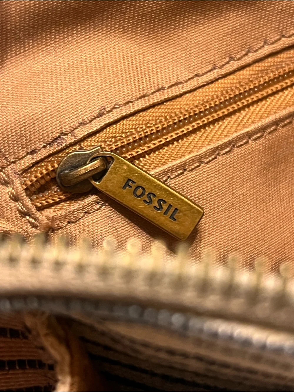Fossil Tan & Cream Leather  with Striped Canvas Pocket crossbody bag